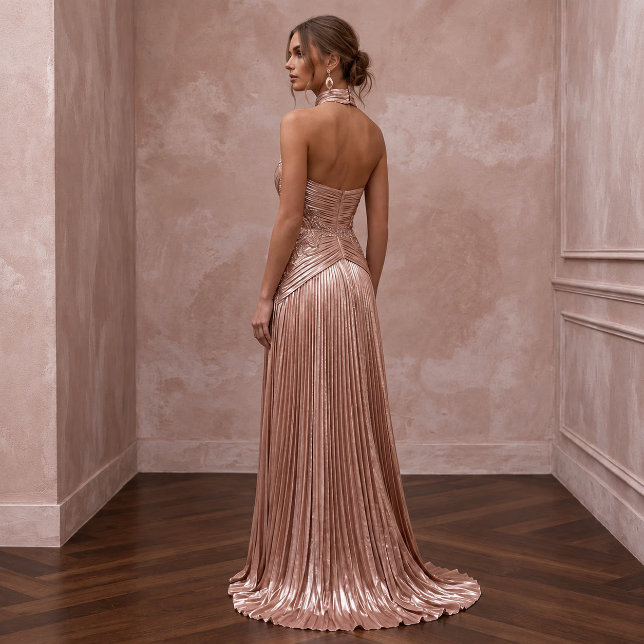 Rose Gold Metallic Plisse Halter Neck Prom Dress Secondary image