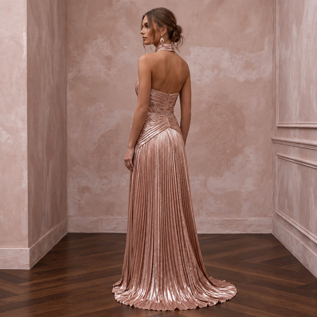 Rose Gold Metallic Plisse Halter Neck Prom Dress