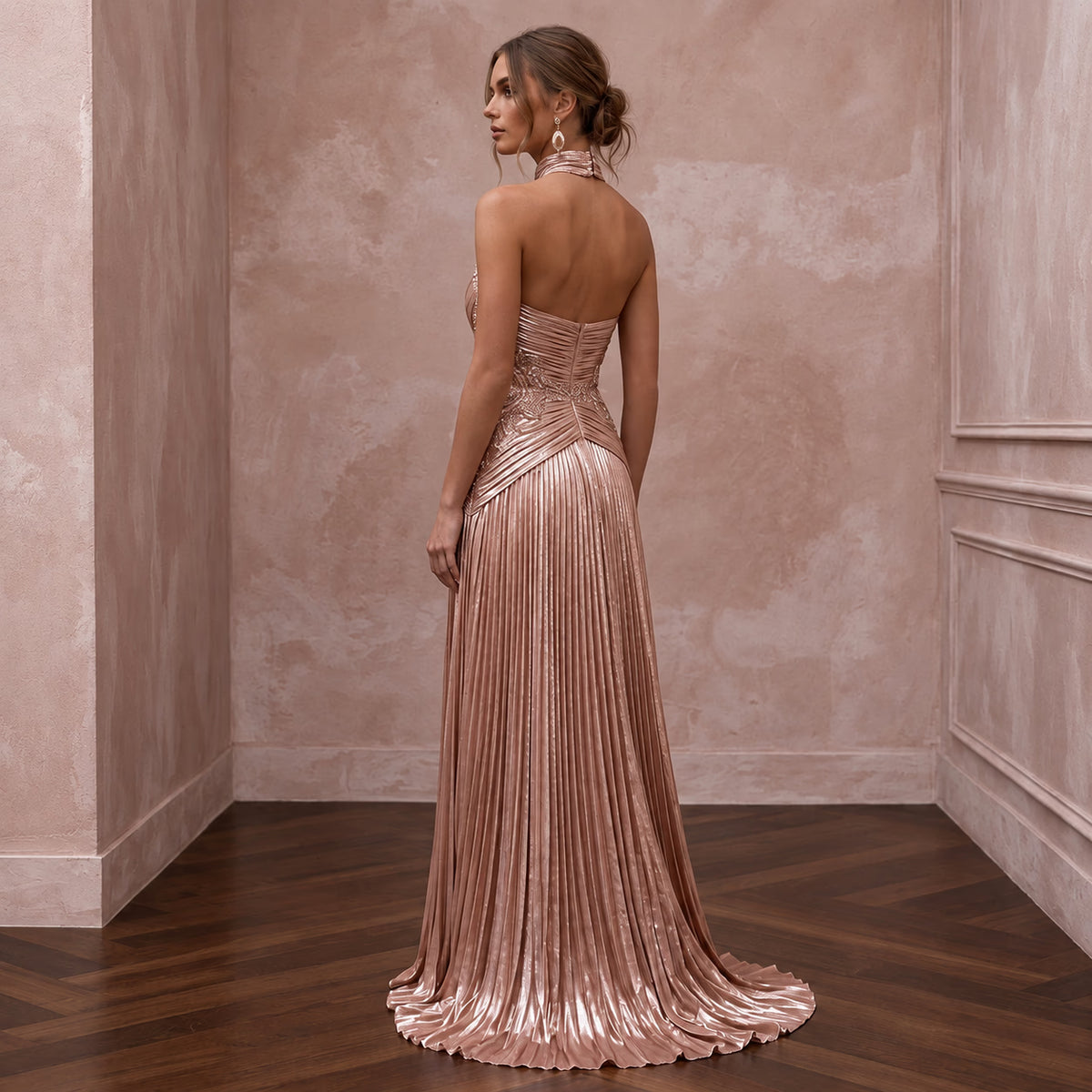 Rose Gold Metallic Plisse Halter Neck Prom Dress