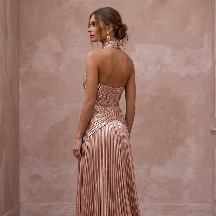 Rose Gold Metallic Plisse Halter Neck Prom Dress
