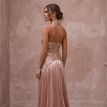 Rose Gold Metallic Plisse Halter Neck Prom Dress