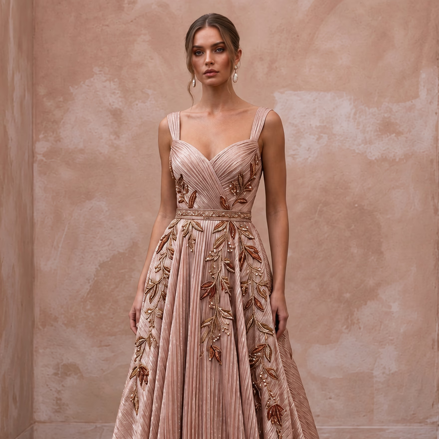Rose Gold Metallic Thread Plisse Pleated Prom Gown - Apparel & Accessories > Clothing > Wedding & Bridal Party Dresses > Wedding Dresses - Mignonette Bridal