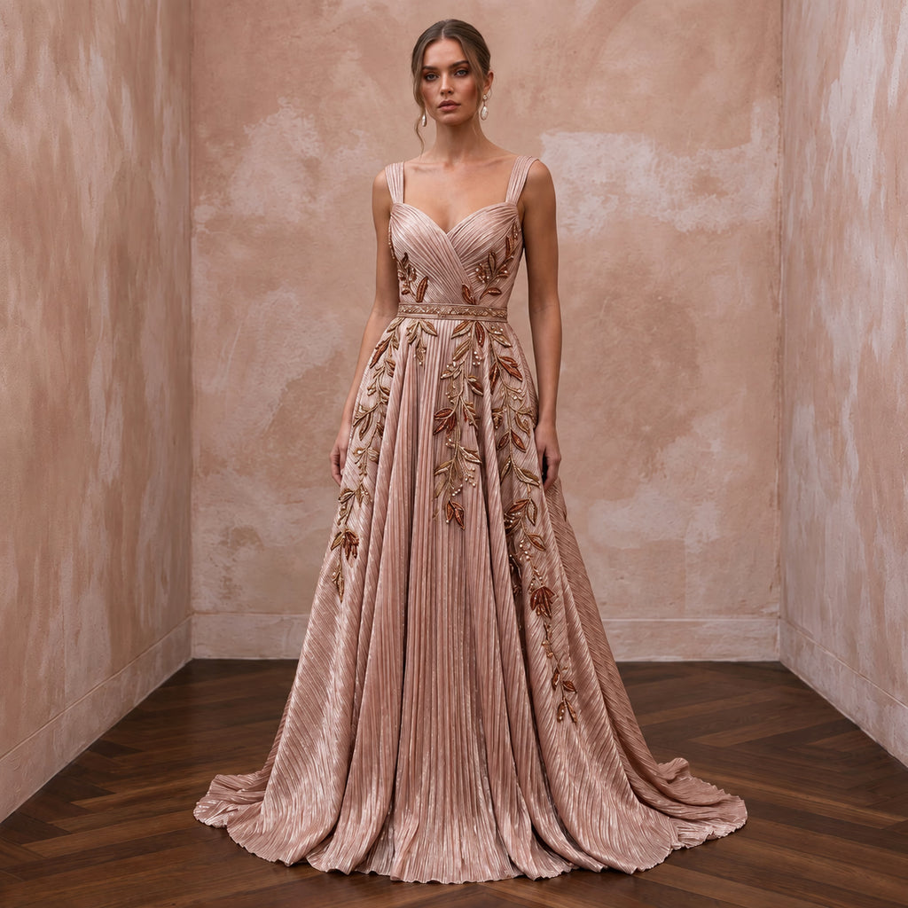 Rose Gold Metallic Thread Plisse Pleated Prom Gown - Apparel & Accessories > Clothing > Wedding & Bridal Party Dresses > Wedding Dresses - Mignonette Bridal
