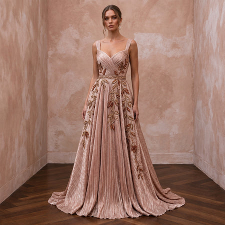 Rose Gold Metallic Thread Plisse Pleated Prom Gown - Apparel & Accessories > Clothing > Wedding & Bridal Party Dresses > Wedding Dresses - Mignonette Bridal