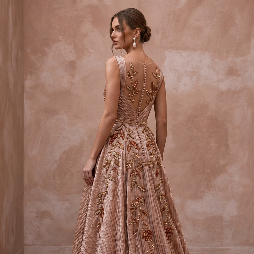 Rose Gold Metallic Thread Plisse Pleated Prom Gown - Apparel & Accessories > Clothing > Wedding & Bridal Party Dresses > Wedding Dresses - Mignonette Bridal