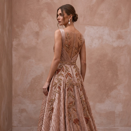 Rose Gold Metallic Thread Plisse Pleated Prom Gown - Apparel & Accessories > Clothing > Wedding & Bridal Party Dresses > Wedding Dresses - Mignonette Bridal