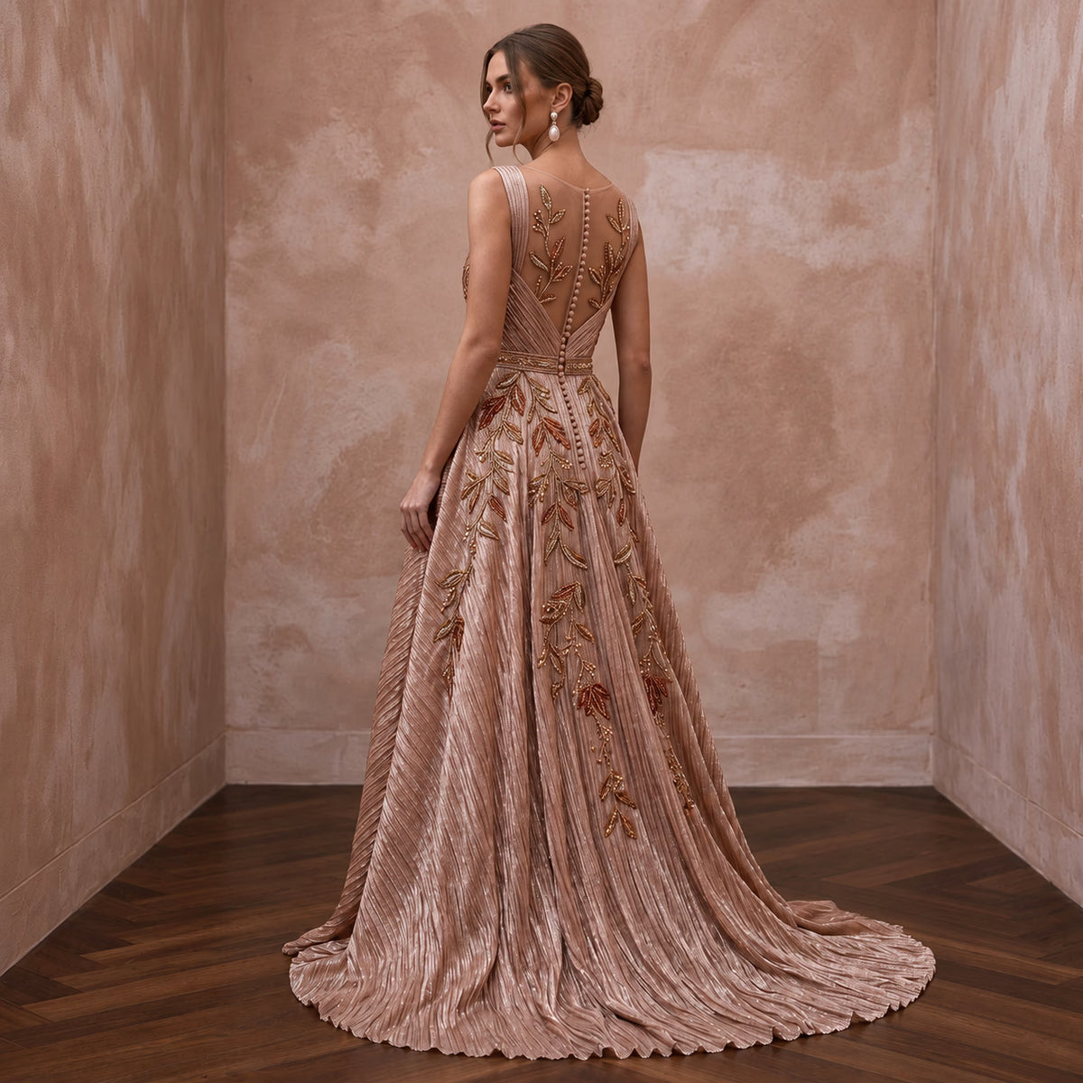 Rose Gold Metallic Thread Plisse Pleated Prom Gown - Apparel & Accessories > Clothing > Wedding & Bridal Party Dresses > Wedding Dresses - Mignonette Bridal