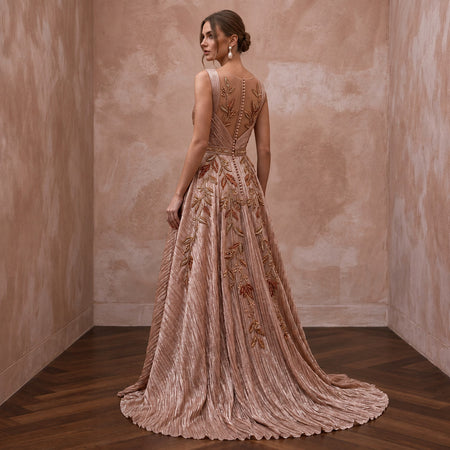 Rose Gold Metallic Thread Plisse Pleated Prom Gown - Apparel & Accessories > Clothing > Wedding & Bridal Party Dresses > Wedding Dresses - Mignonette Bridal