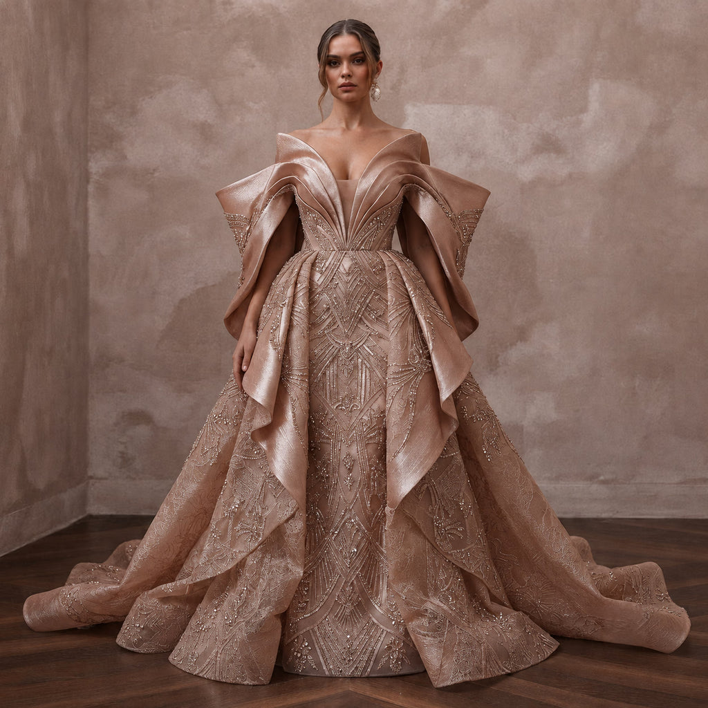 Rose Gold Wedding Dresses with Crystal Embroidery - Apparel & Accessories > Clothing > Wedding & Bridal Party Dresses > Wedding Dresses - Mignonette