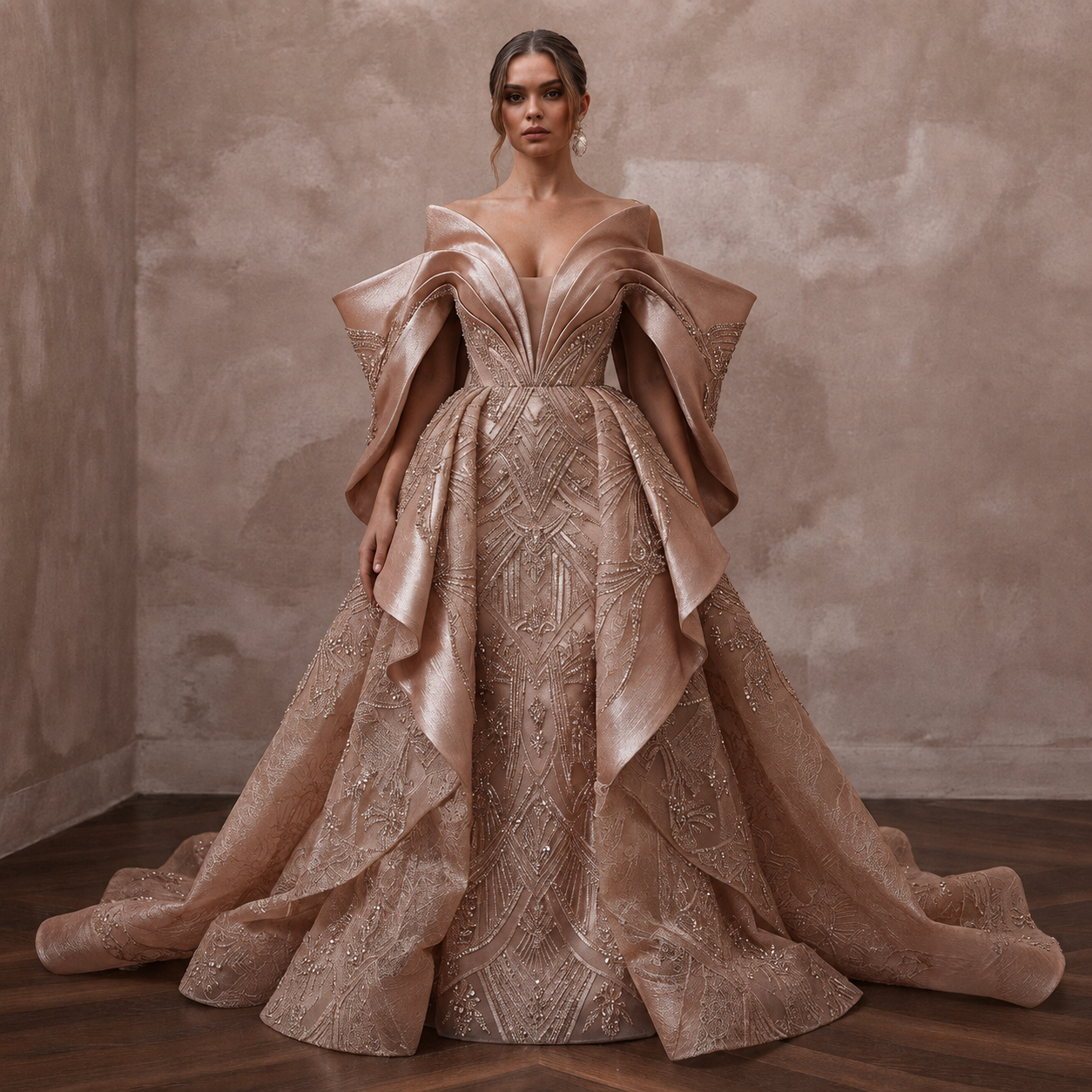 Rose Gold Wedding Dresses with Crystal Embroidery Main image