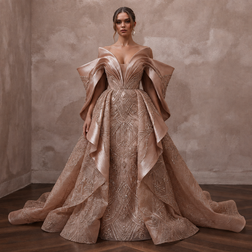 Rose Gold Wedding Dresses with Crystal Embroidery