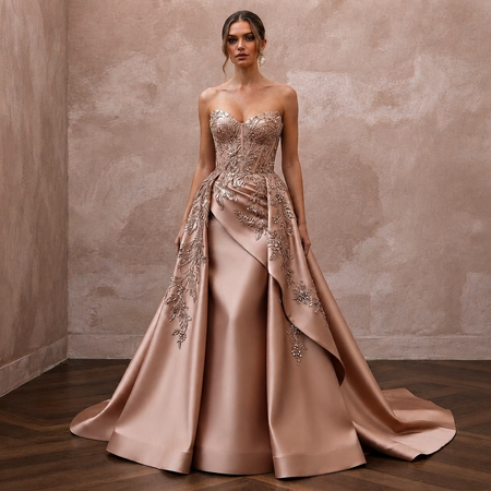 Rose Gold Wedding Dresses with Metallic Embroidery