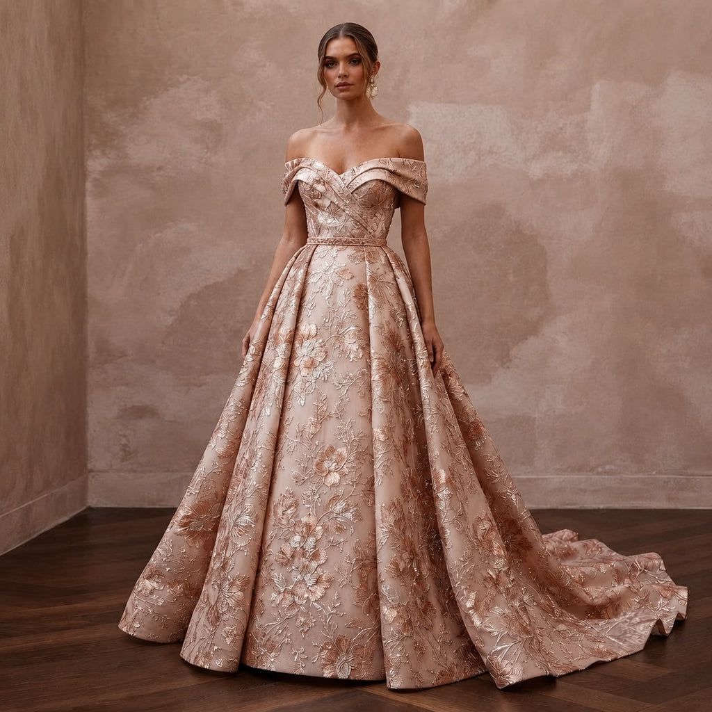 Rose Gold Wedding Dresses with Metallic Floral Embroidery - Apparel & Accessories > Clothing > Wedding & Bridal Party Dresses > Wedding Dresses - Mignonette Bridal