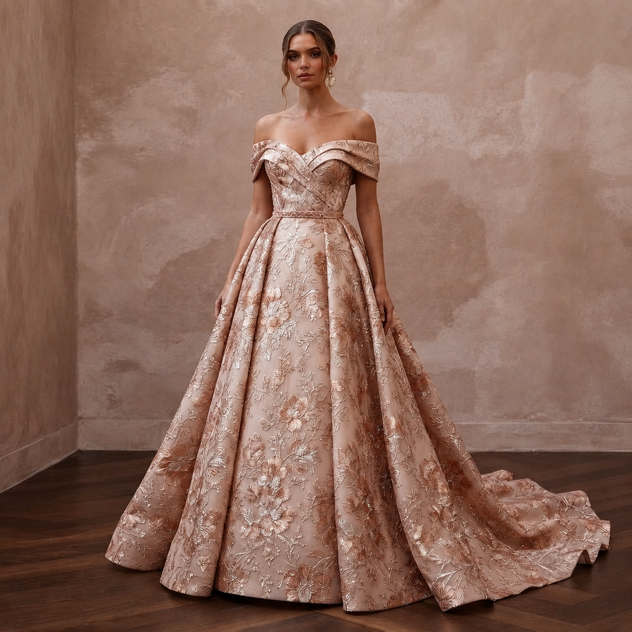 Rose Gold Wedding Dresses with Metallic Floral Embroidery Main image