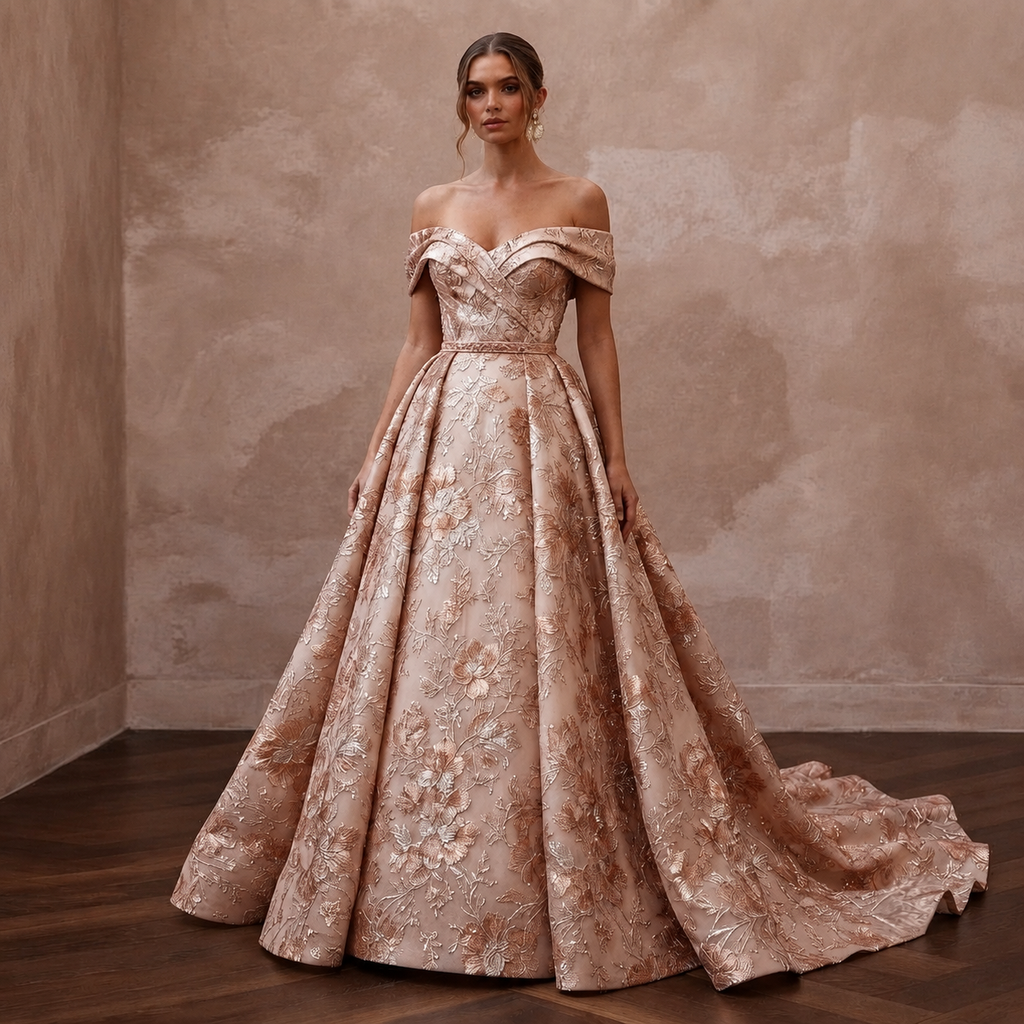 Rose Gold Wedding Dresses with Metallic Floral Embroidery