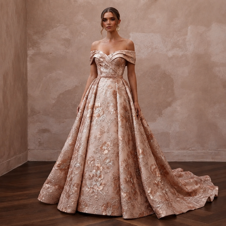 Rose Gold Wedding Dresses with Metallic Floral Embroidery