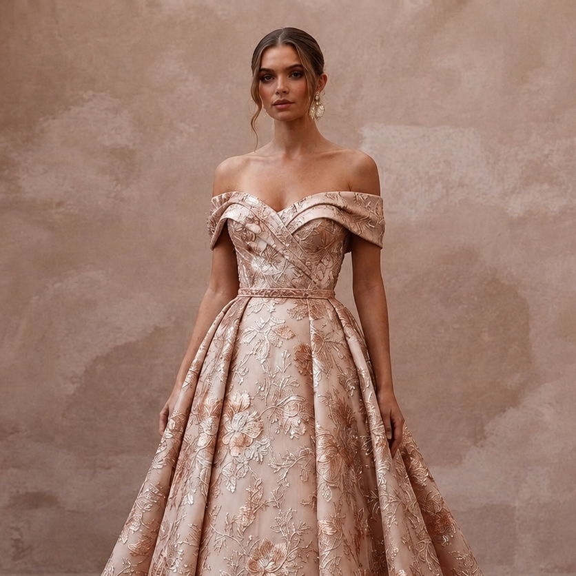 Rose Gold Wedding Dresses with Metallic Floral Embroidery