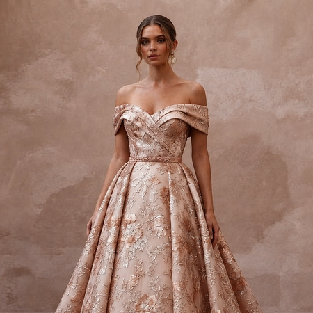 Rose Gold Wedding Dresses with Metallic Floral Embroidery