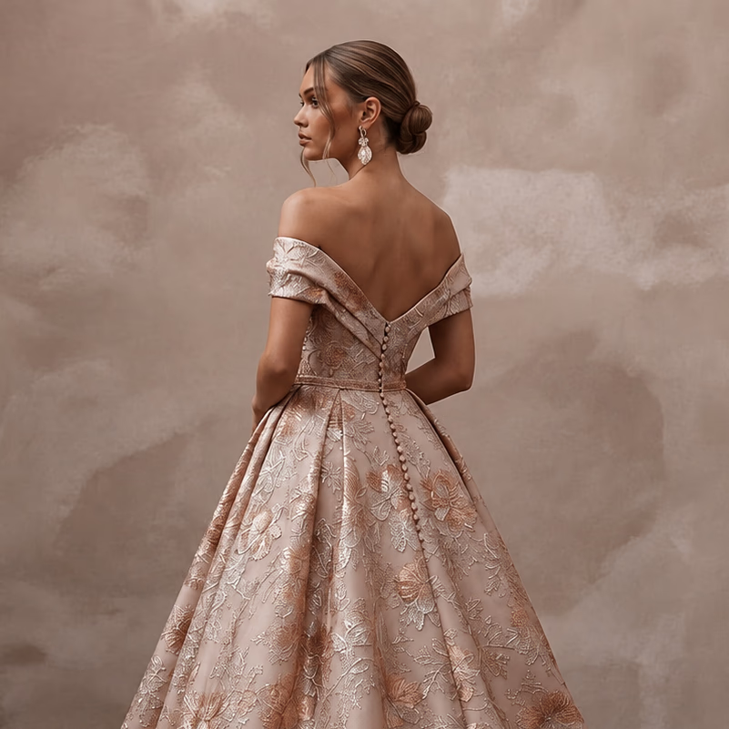 Rose Gold Wedding Dresses with Metallic Floral Embroidery - Apparel & Accessories > Clothing > Wedding & Bridal Party Dresses > Wedding Dresses - Mignonette Bridal
