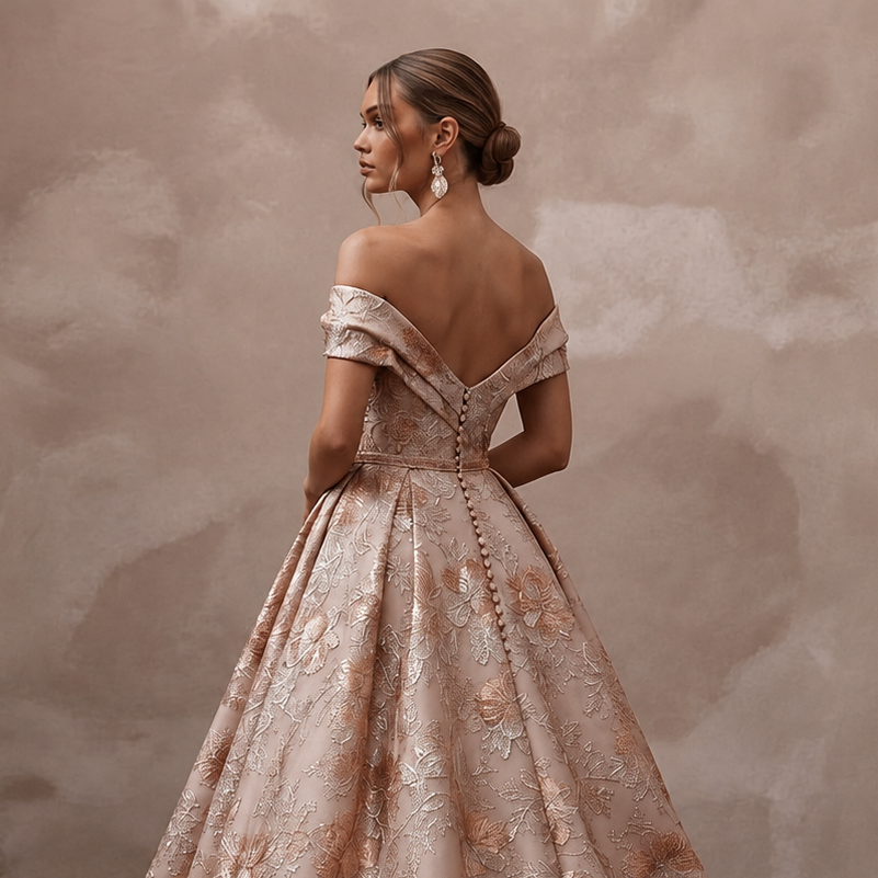 Rose Gold Wedding Dresses with Metallic Floral Embroidery