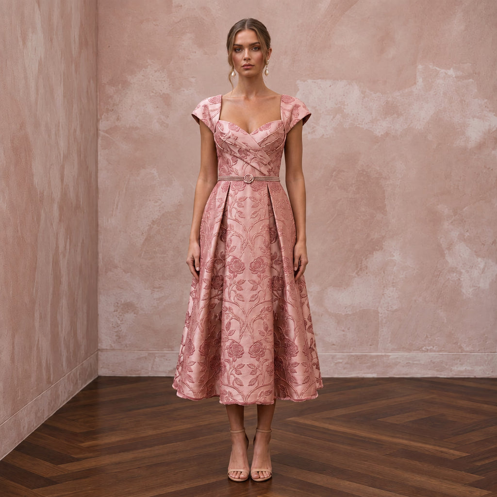 Rose Pink Floral Jacquard Midi Dress for Spring Garden Party - Apparel & Accessories > Clothing > Wedding & Bridal Party Dresses > Wedding Dresses - Mignonette Bridal