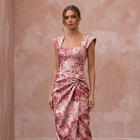 Rose Pink Floral Jacquard Midi Dress for Spring Garden Party