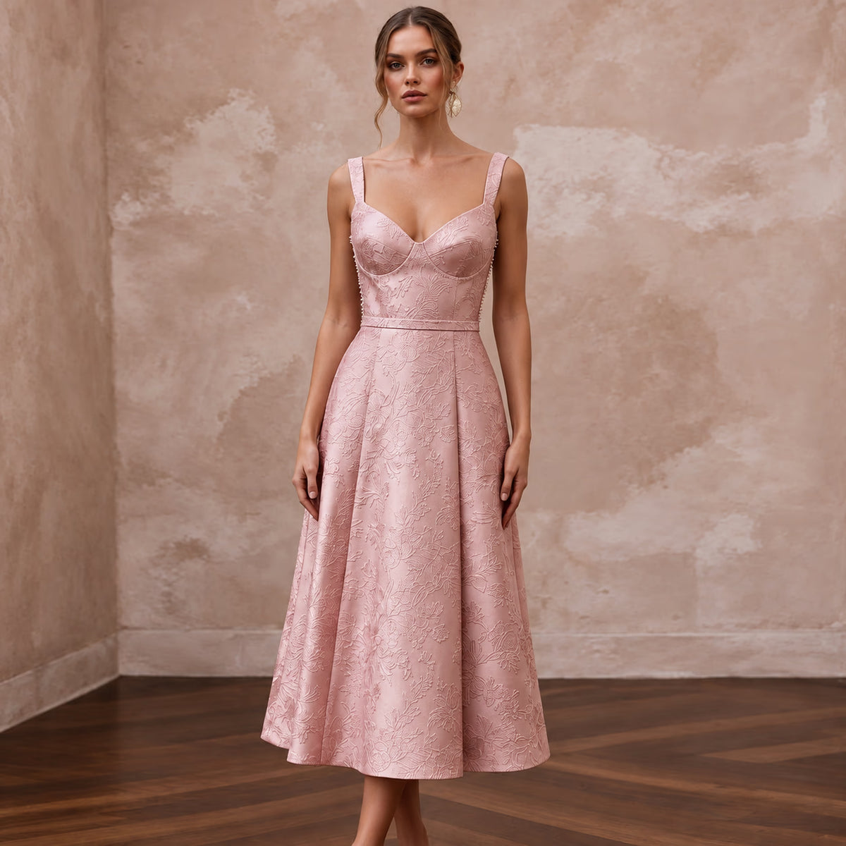 Rose Pink Floral Jacquard Midi Dress for Spring Garden Party