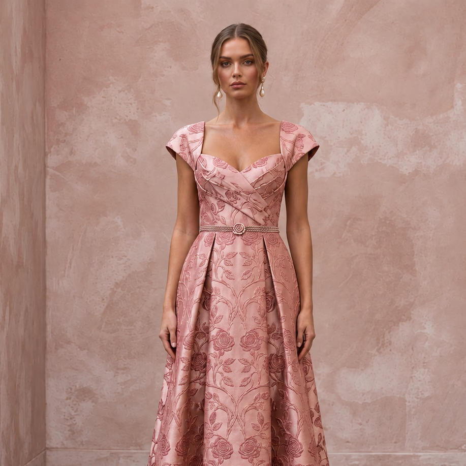 Rose Pink Floral Jacquard Midi Dress for Spring Garden Party - Apparel & Accessories > Clothing > Wedding & Bridal Party Dresses > Wedding Dresses - Mignonette Bridal