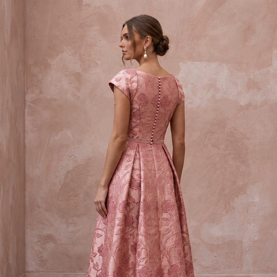 Rose Pink Floral Jacquard Midi Dress for Spring Garden Party - Apparel & Accessories > Clothing > Wedding & Bridal Party Dresses > Wedding Dresses - Mignonette Bridal