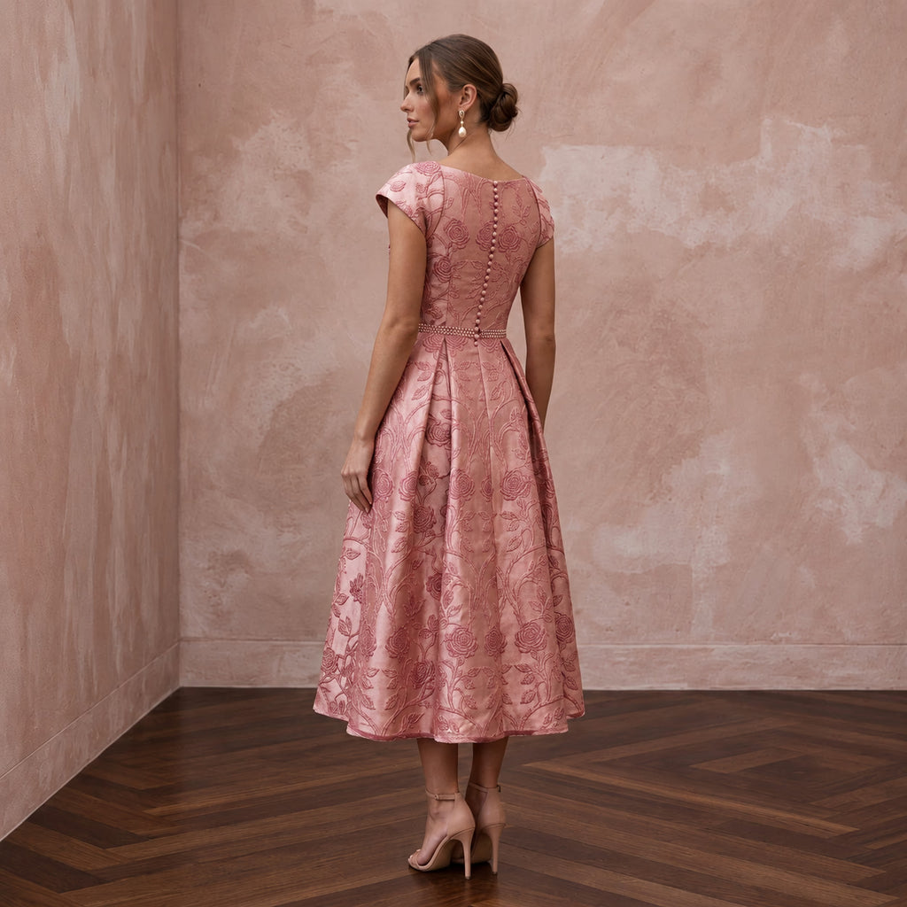 Rose Pink Floral Jacquard Midi Dress for Spring Garden Party - Apparel & Accessories > Clothing > Wedding & Bridal Party Dresses > Wedding Dresses - Mignonette Bridal