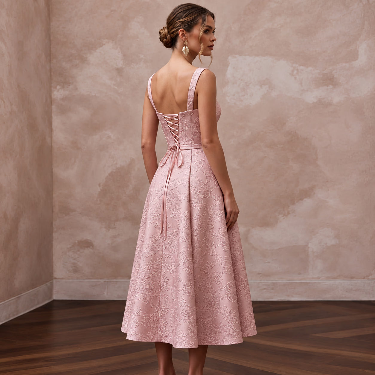 Rose Pink Floral Jacquard Midi Dress for Spring Garden Party Secondary image