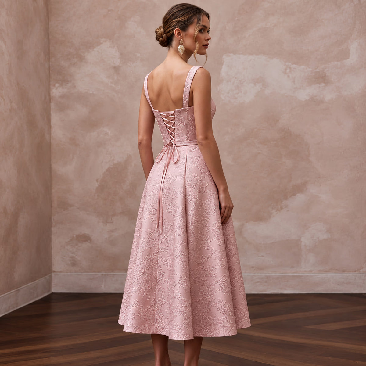 Rose Pink Floral Jacquard Midi Dress for Spring Garden Party