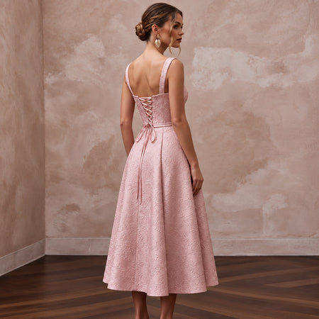Rose Pink Floral Jacquard Midi Dress for Spring Garden Party