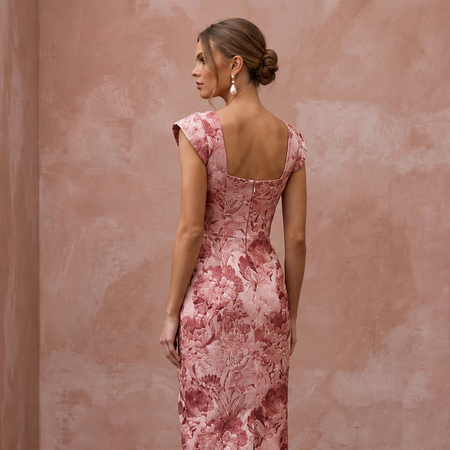 Rose Pink Floral Jacquard Midi Dress for Spring Garden Party