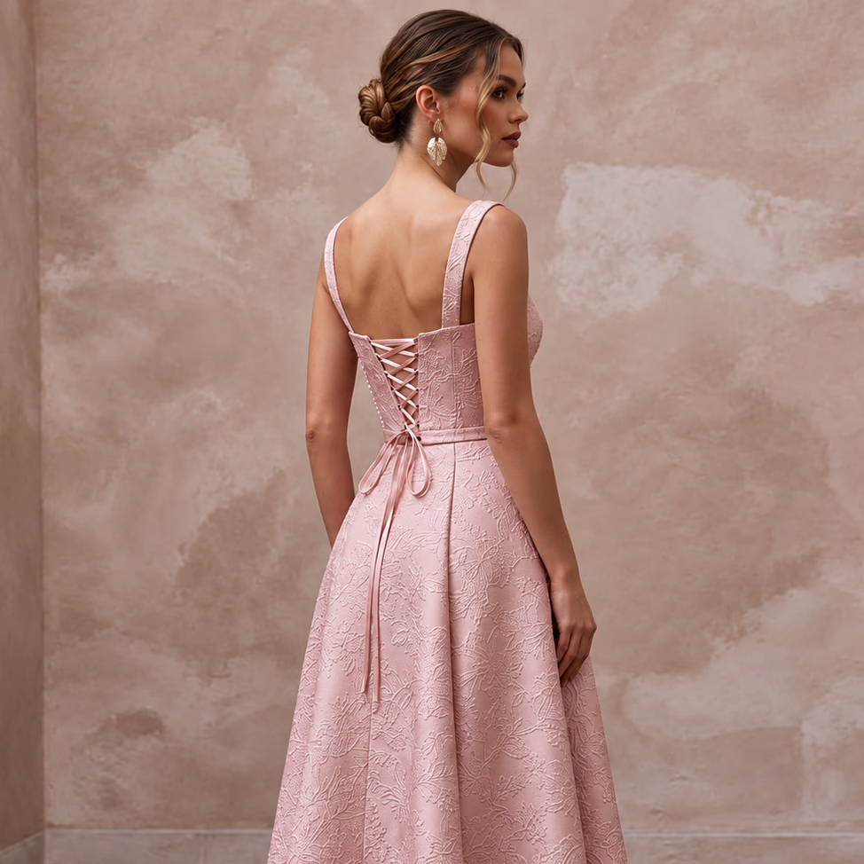 Rose Pink Floral Jacquard Midi Dress for Spring Garden Party