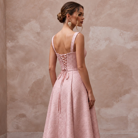 Rose Pink Floral Jacquard Midi Dress for Spring Garden Party