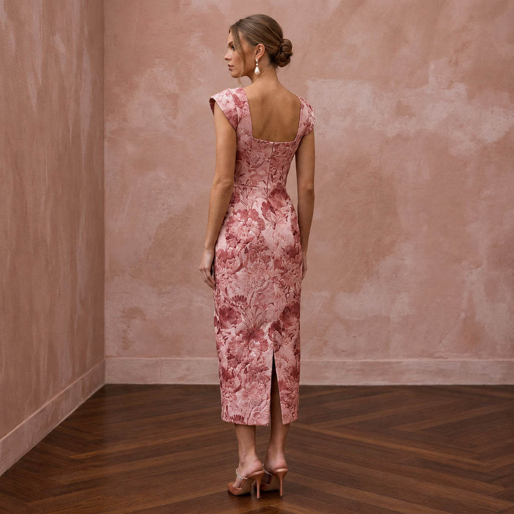 Rose Pink Floral Jacquard Midi Dress for Spring Garden Party
