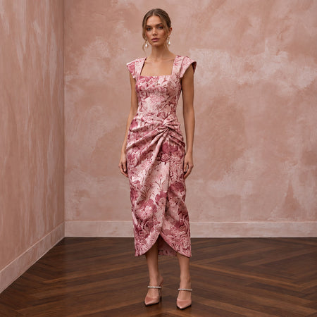 Rose Pink Floral Jacquard Midi Dress for Spring Garden Party