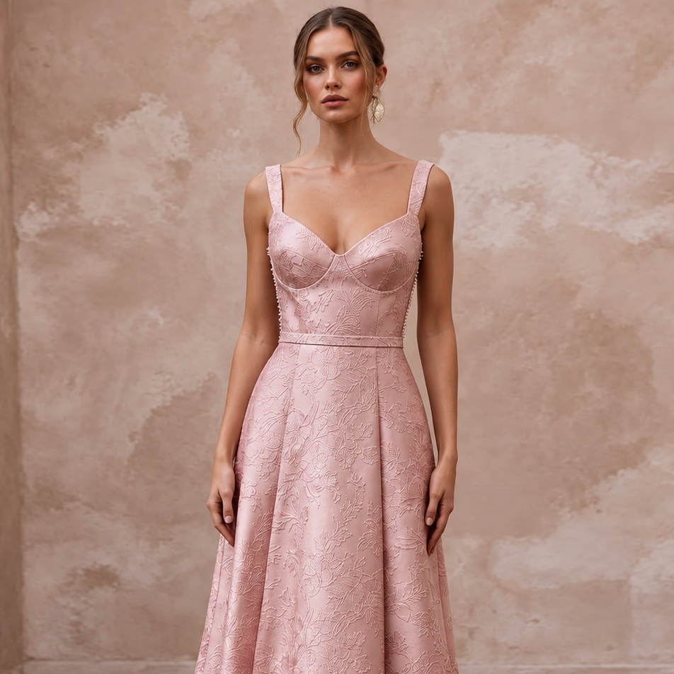 Rose Pink Floral Jacquard Midi Dress for Spring Garden Party