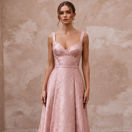 Rose Pink Floral Jacquard Midi Dress for Spring Garden Party