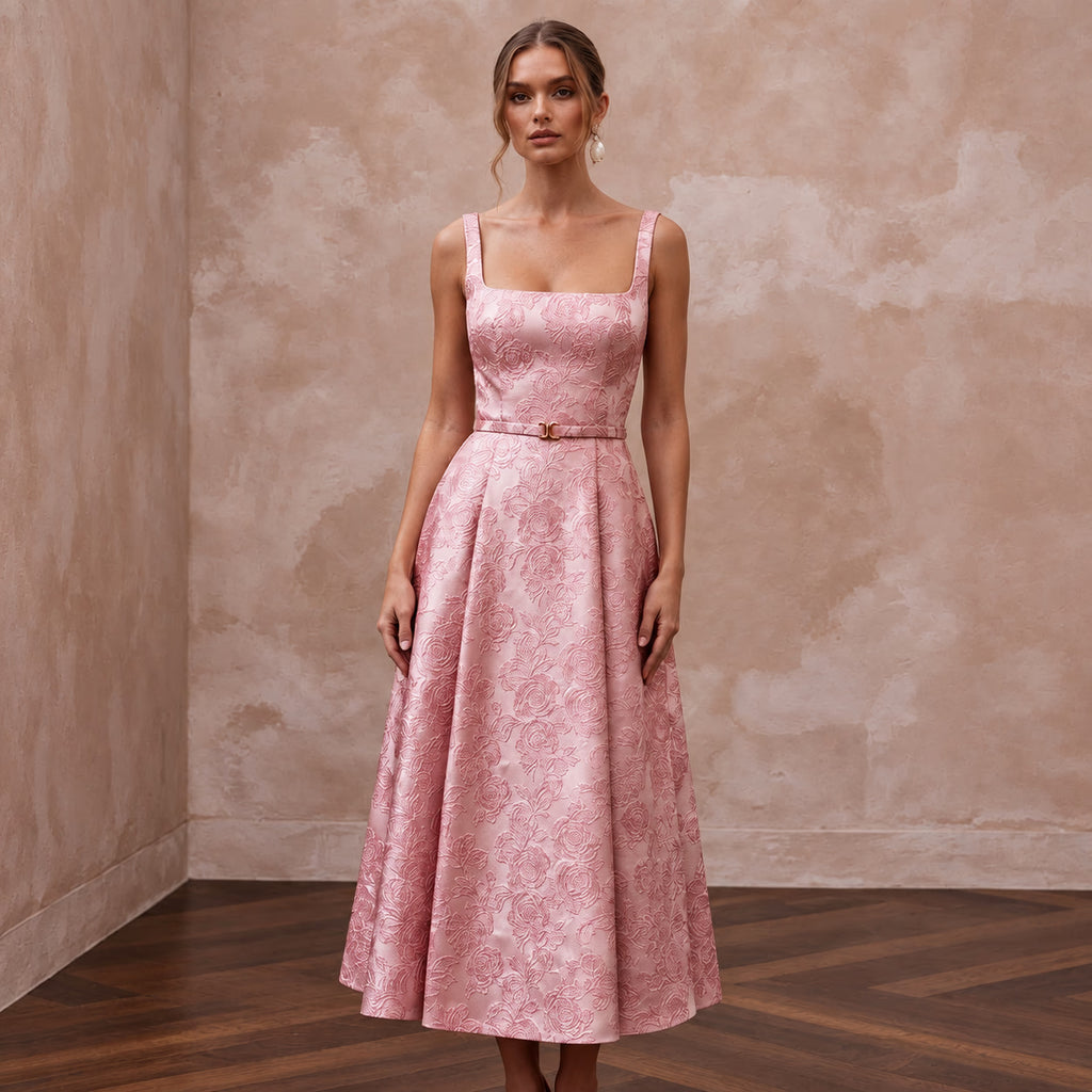 Rose Pink Floral Jacquard Square Neck Midi Dress for Spring Event - Apparel & Accessories > Clothing > Wedding & Bridal Party Dresses > Wedding Dresses - Mignonette Bridal