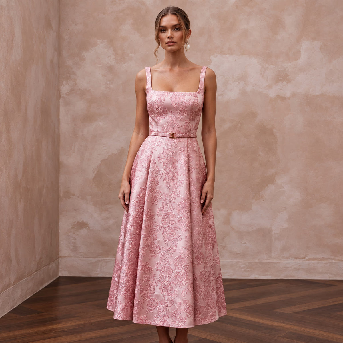 Rose Pink Floral Jacquard Square Neck Midi Dress for Spring Event - Apparel & Accessories > Clothing > Wedding & Bridal Party Dresses > Wedding Dresses - Mignonette Bridal