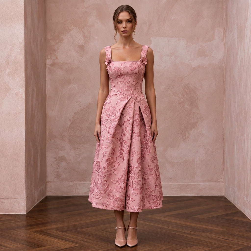 Rose Pink Floral Jacquard Square Neck Midi Dress for Spring Event