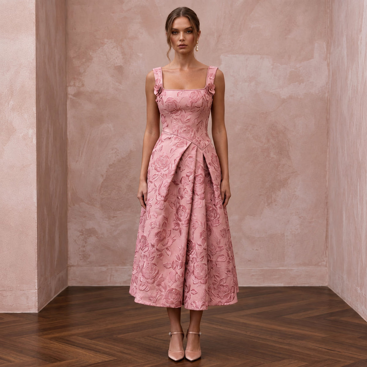 Rose Pink Floral Jacquard Square Neck Midi Dress for Spring Event
