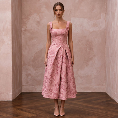 Rose Pink Floral Jacquard Square Neck Midi Dress for Spring Event