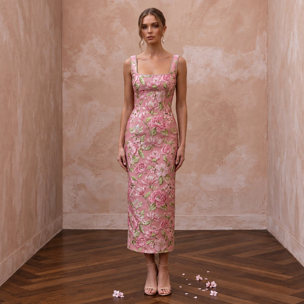Rose Pink Floral Jacquard Square Neck Midi Dress for Spring Event