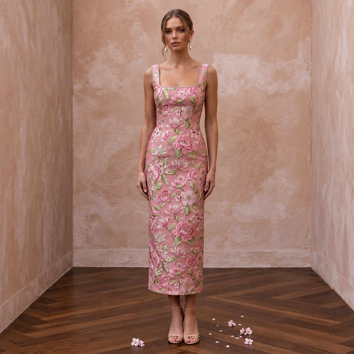 Rose Pink Floral Jacquard Square Neck Midi Dress for Spring Event