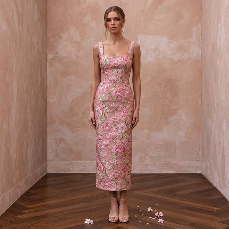 Rose Pink Floral Jacquard Square Neck Midi Dress for Spring Event