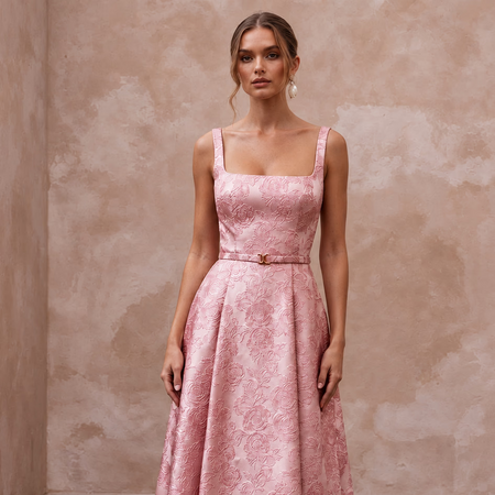 Rose Pink Floral Jacquard Square Neck Midi Dress for Spring Event - Apparel & Accessories > Clothing > Wedding & Bridal Party Dresses > Wedding Dresses - Mignonette Bridal