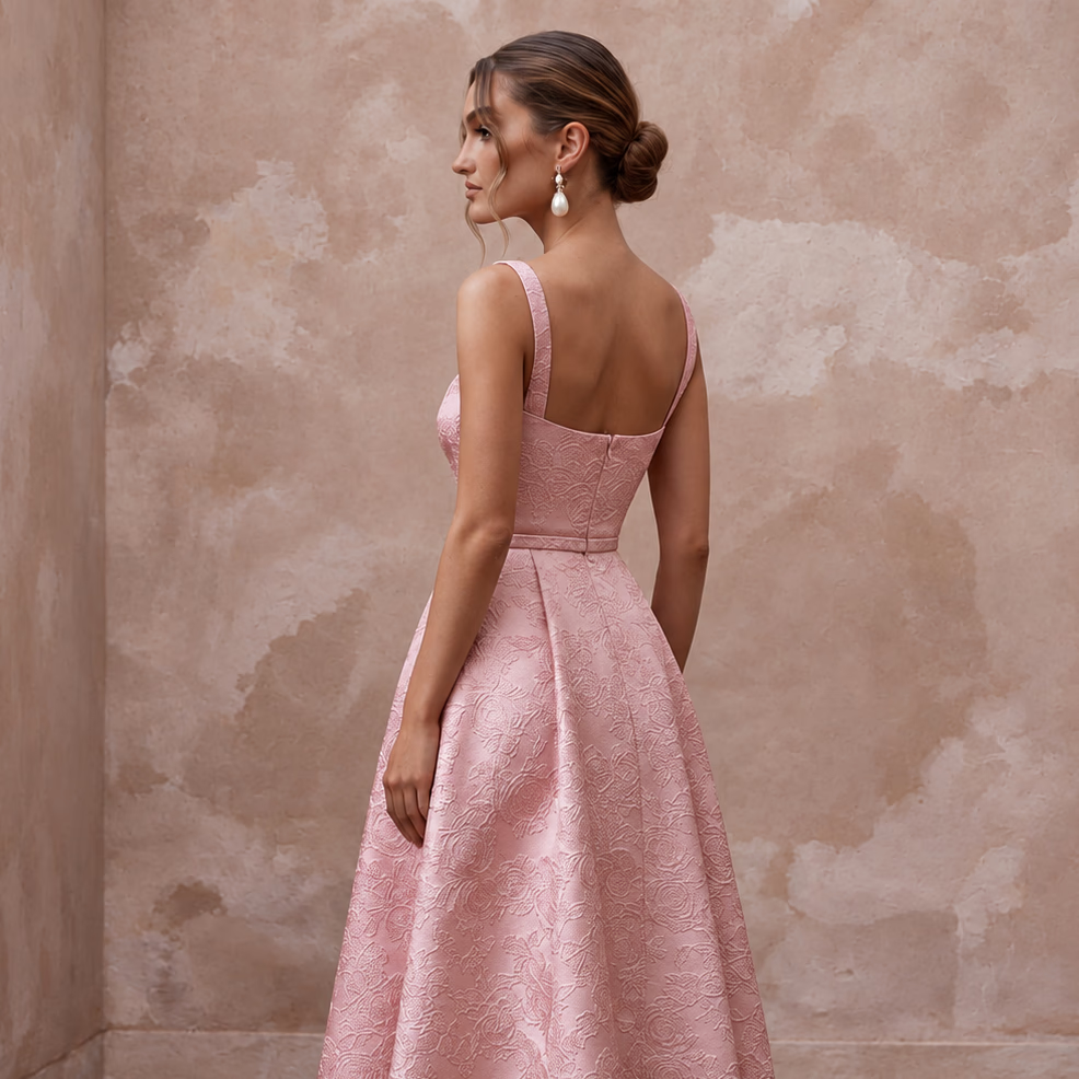 Rose Pink Floral Jacquard Square Neck Midi Dress for Spring Event - Apparel & Accessories > Clothing > Wedding & Bridal Party Dresses > Wedding Dresses - Mignonette Bridal